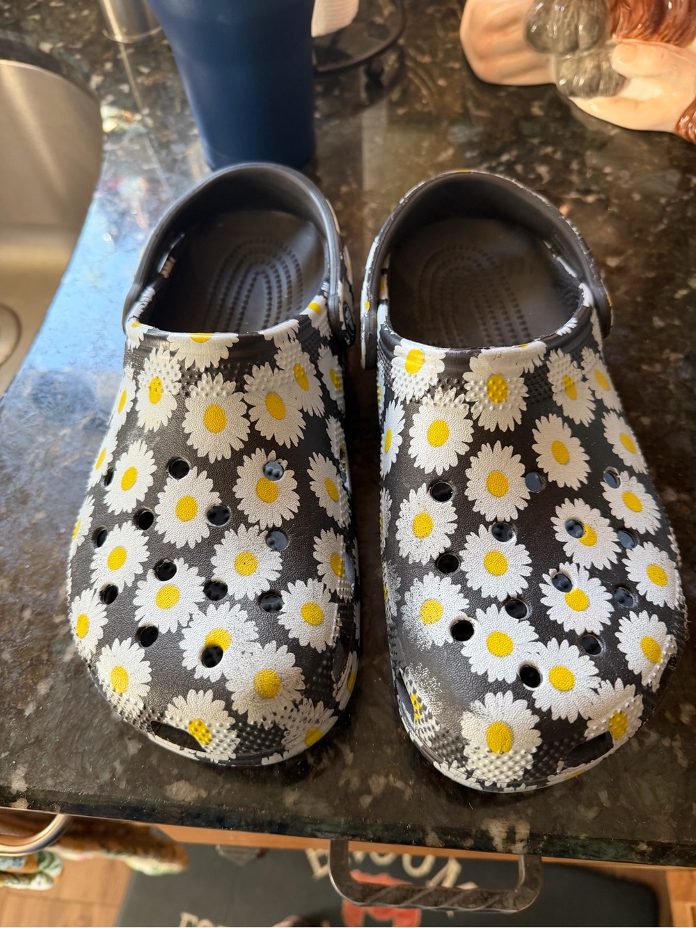Women’s Crocs Classic Clog - Black with White & Yellow Daisy Print